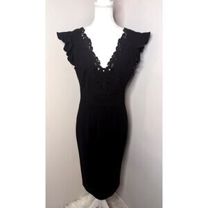 Rebecca Taylor Lace Applique Dress Size 2 Black Ruffle V Neck Midi Cocktail